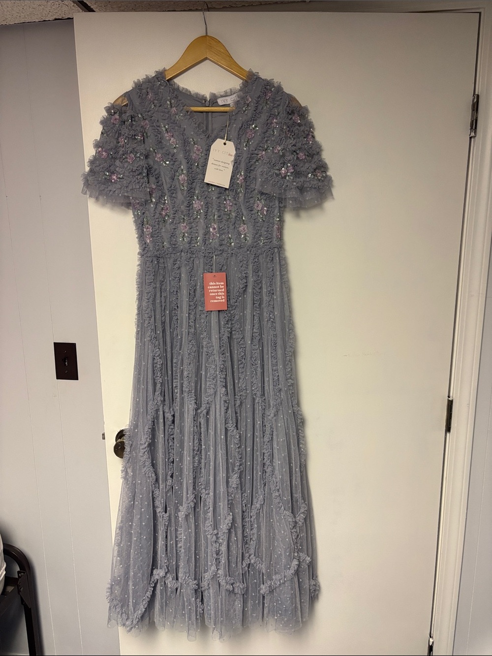 Ivy City Co Light Gray Embellished Tulle Maxi Dress